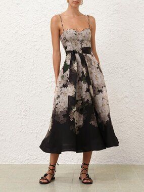 Zimmermann Floral Linen Bustier Midi Balance Picnic Dress